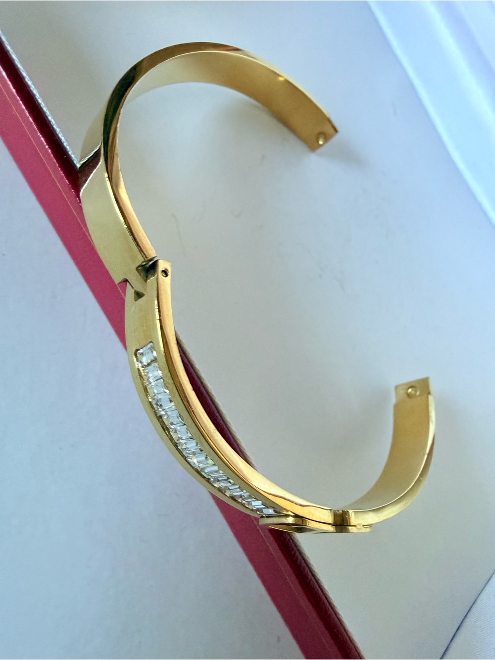 Gold Crystal-Accented Hinged Bangle Bracelet
